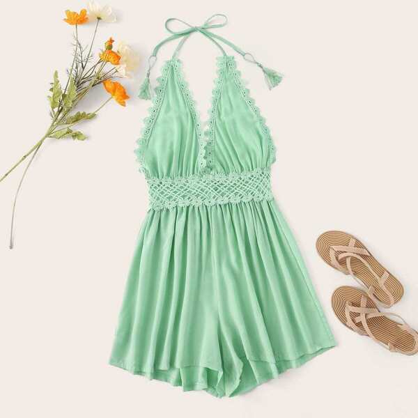 

Contrast Lace Backless Halter Romper
