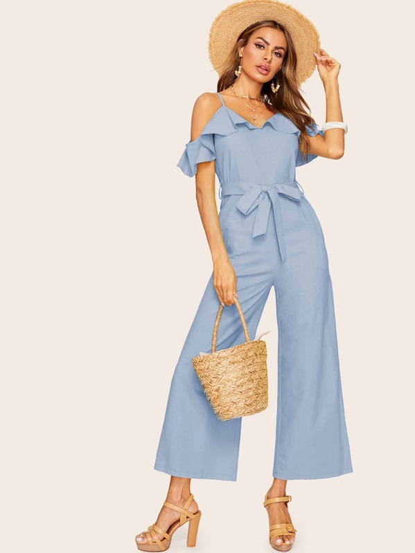 

Cold Shoulder Wide Leg Belted Jumpsuit, Blue, Andy