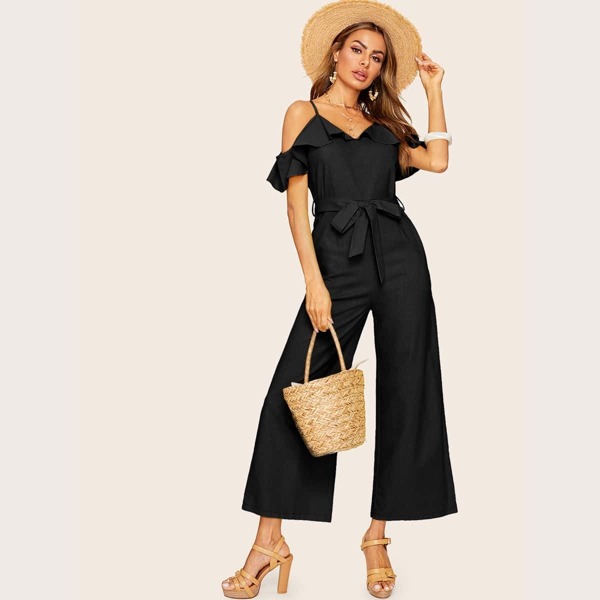 

Cold Shoulder Wide Leg Belted Jumpsuit