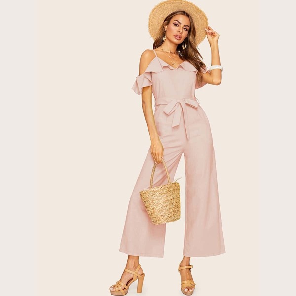 

Cold Shoulder Wide Leg Belted Jumpsuit, Pink