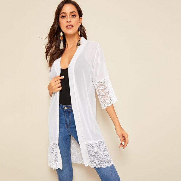 

Contrast Lace Open Front Sheer Kimono