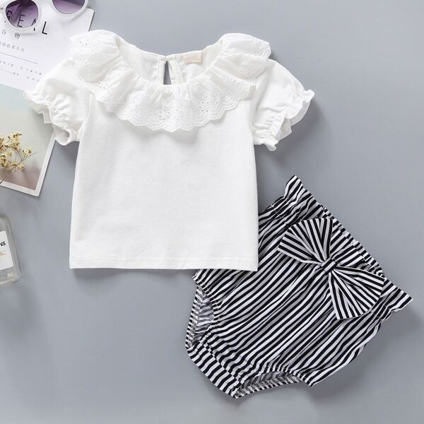 

Baby Girl Eyelet Embroidery Blouse With Striped Paperbag Shorts, Black and white