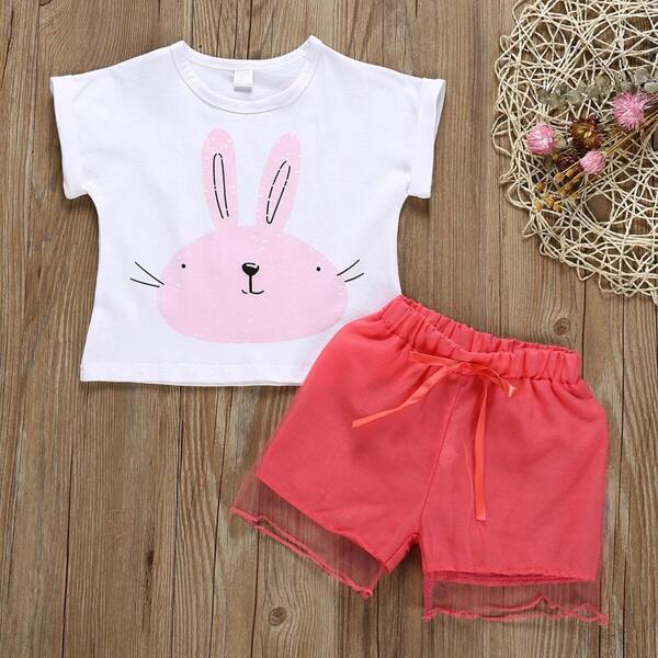 

Toddler Girls Rabbit Print Tee With Contrast Mesh Shorts