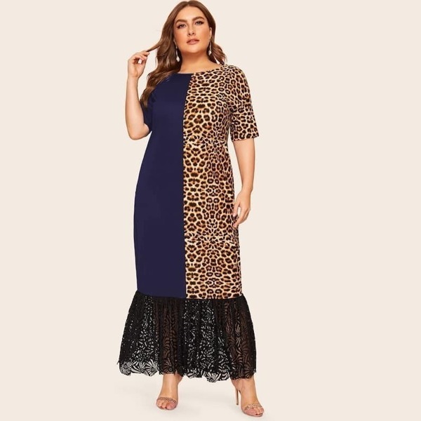 

Plus Contrast Leopard Print Ruffle Hem Maxi Dress