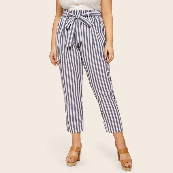 

Plus Paperbag Waist Belted Stripe Pants, Multicolor