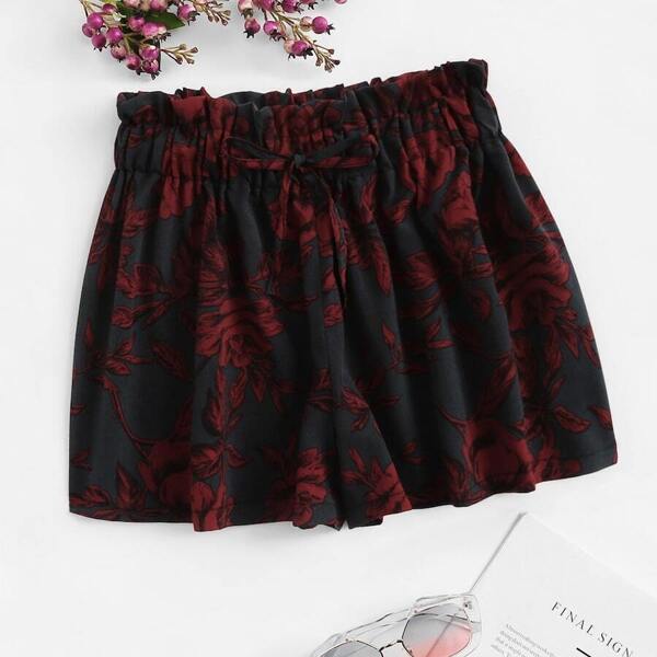 

Plus Floral Print Frill Waist Shorts, Black