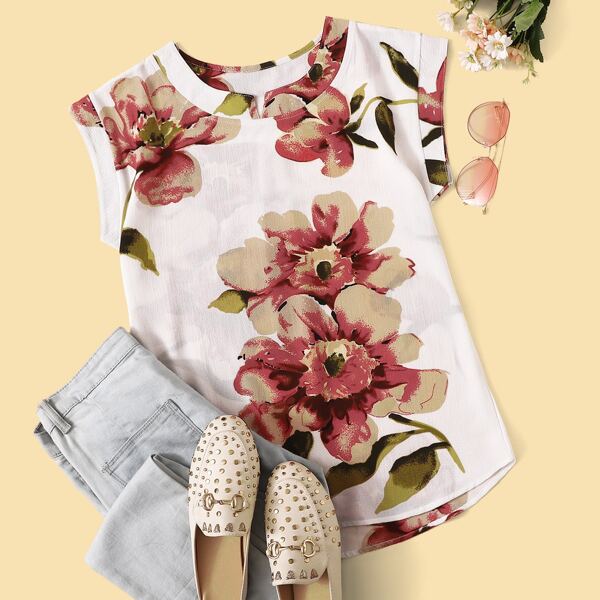 

Floral Print Curved Hem Blouse, Multicolor