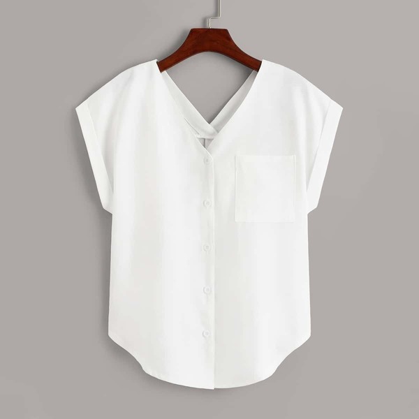 

V-neck Button Front Pocket Blouse, White