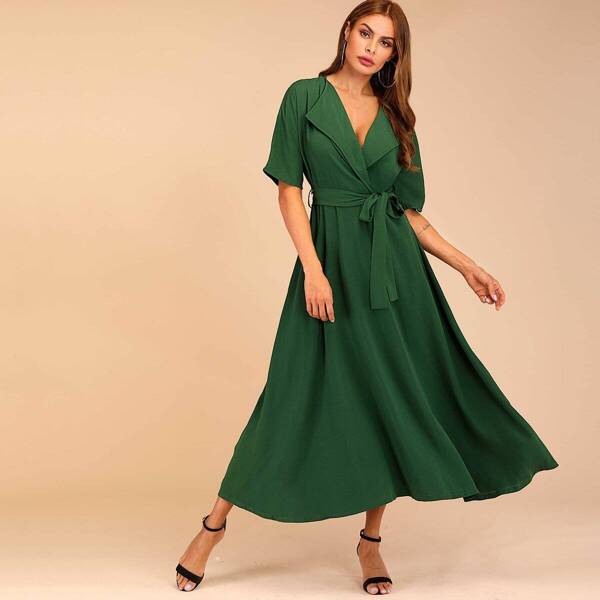 

Shawl Collar Solid Belted Dress