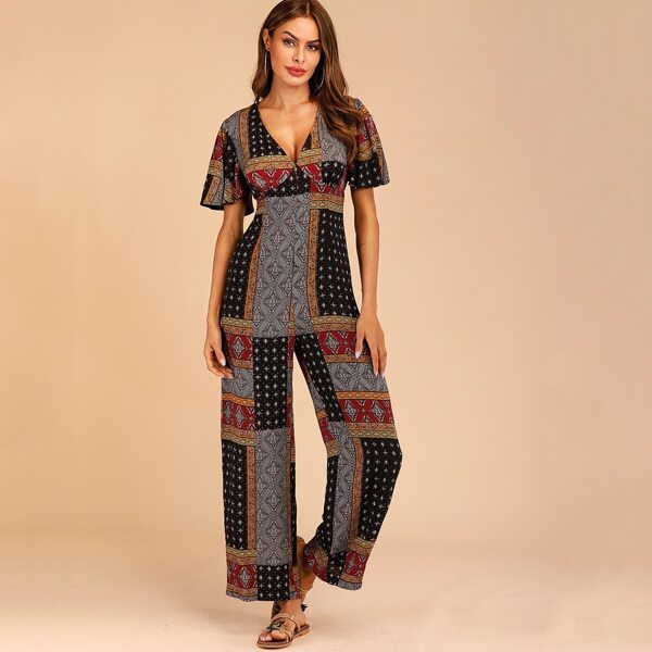 

Tribal Patchwork Deep V Neck Jumpsuit