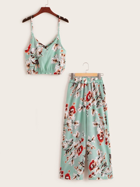 

Floral Print Cami Top With Pants, Green