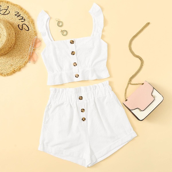 

Shirred Button Front Cami Top With Shorts, White
