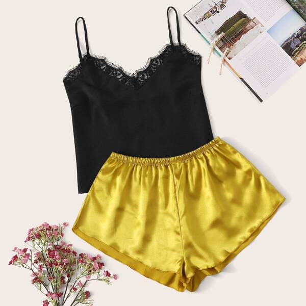 

Lace Trim Cami & Satin Shorts PJ Set, Multicolor