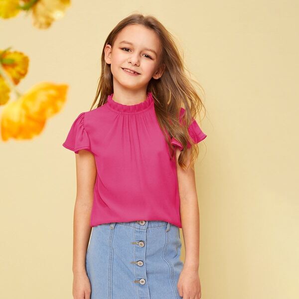 

Girls Frilled Neck Butterfly Trim Pleated Top