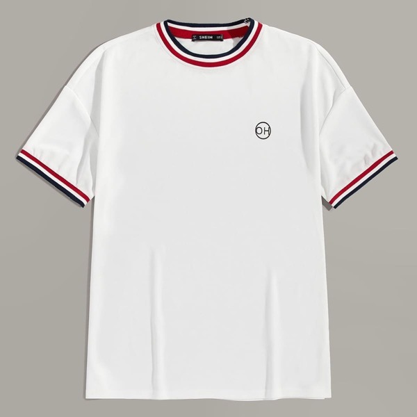 

Men Striped Trim Letter Print Tee, White
