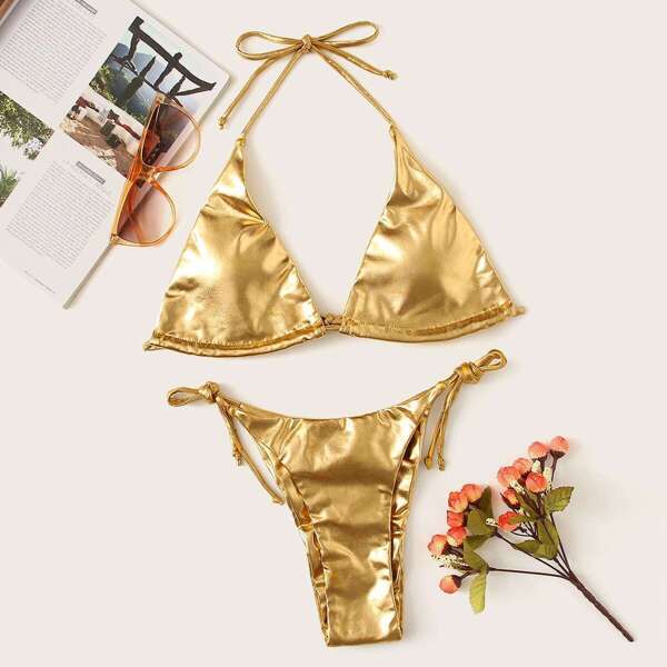 

Metallic Triangle Halter Top With Tanga Bikini Set