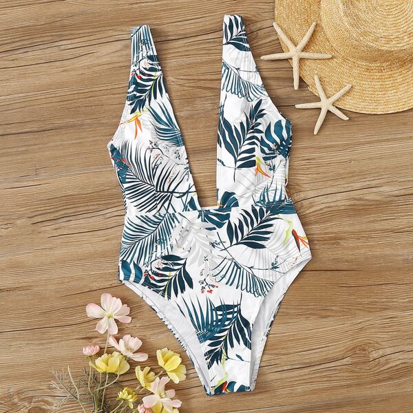 

Random Leaf Print Plunging Neck One Piece Swimsuit