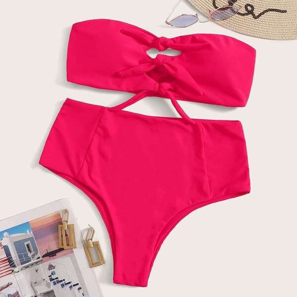 

Tie Front Bandeau Top With High Waist Bikini Set, Red