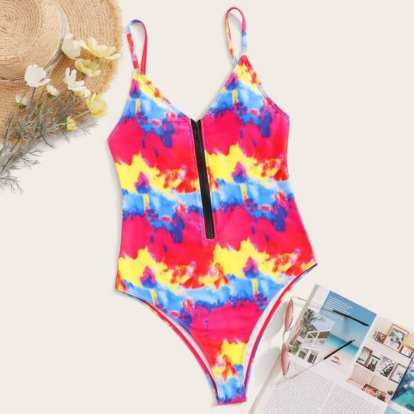 

Random Tie Dye Zip Front One Piece Swimsuit, Multicolor