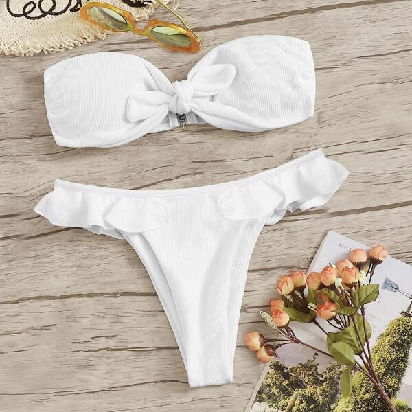 

Ribbed Knot Bandeau With Ruffle Tanga Bikini Set