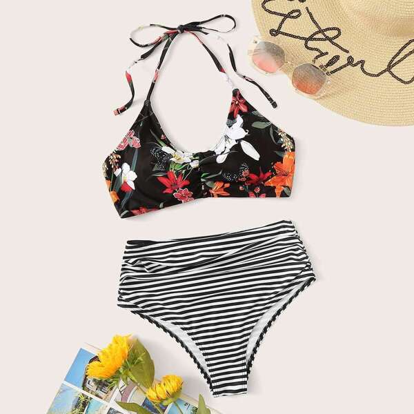 

Random Floral Halter Top With Ruched Panty Bikini Set