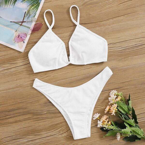 

Ribbed Plunging Top With High Cut Bikini Set