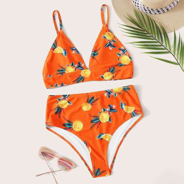 

Random Lemon Print Plunging Top With High Waist Bikini, Orange