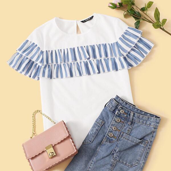 

Layered Striped Ruffle Trim Top