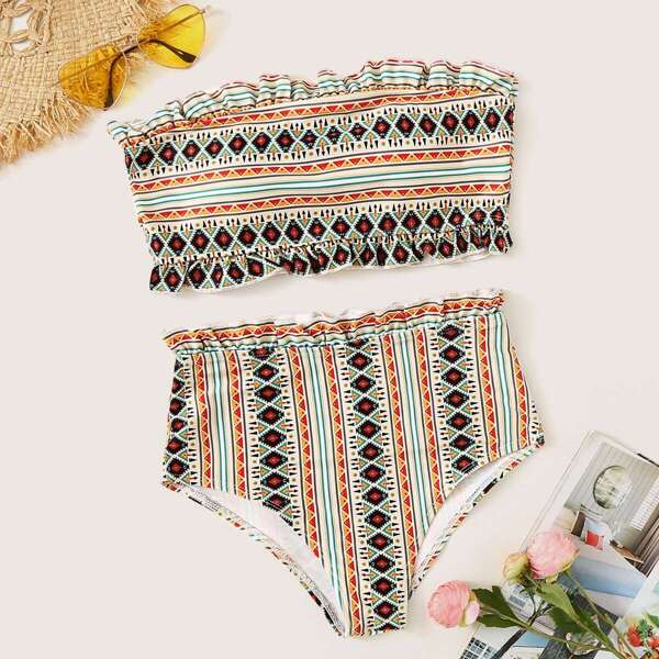 

Random Aztec Print Frill Trim Bandeau Bikini Set