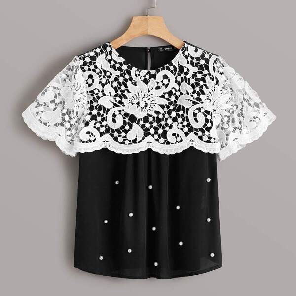 

Pearl Beading Guipure Lace Cape Top, Black and white