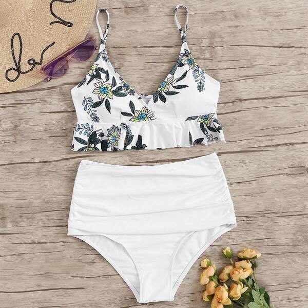 

Random Tropical Ruffle Top With Ruched High Waist Bikini, White