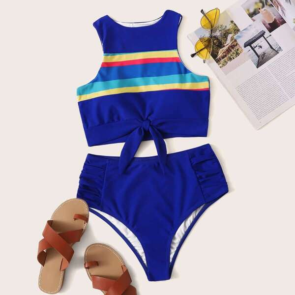 

Striped Top With Ruched High Waist 2 Piece Swimsuit