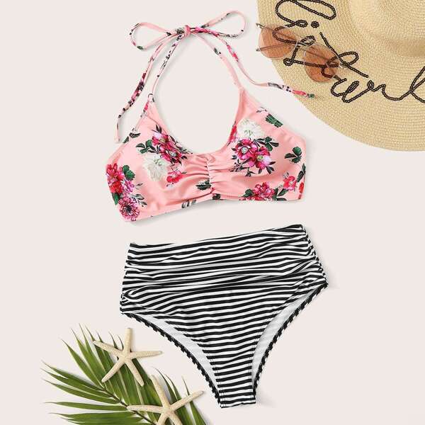 

Random Floral Halter Top With Ruched Panty Bikini Set, Multicolor