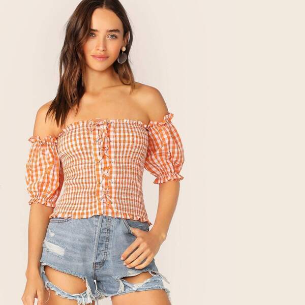 

Gingham Grommet Lace Up Front Shirred Bardot Top, Orange