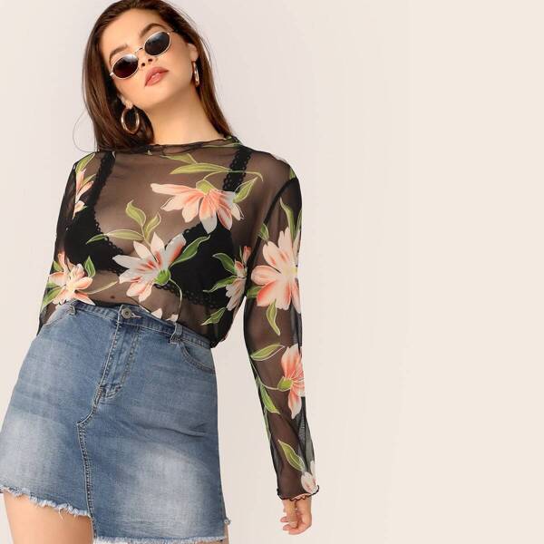 

Plus Flower Print Lettuce Trim Mesh Top Without Bra