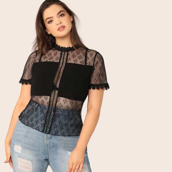 

Plus Mixed Media Lettuce Trim Sheer Lace Top