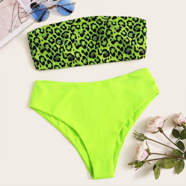 

Leopard Bandeau With Neon Green High Waist Bikini Set