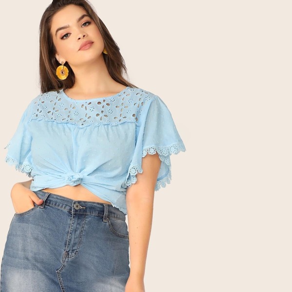 

Plus Butterfly Sleeve Textured Schiffy Blouse, Blue