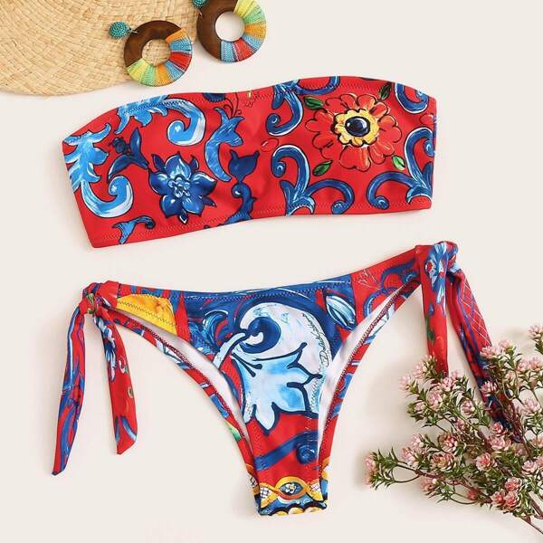 

Floral Bandeau With Tie Side Bikini Set