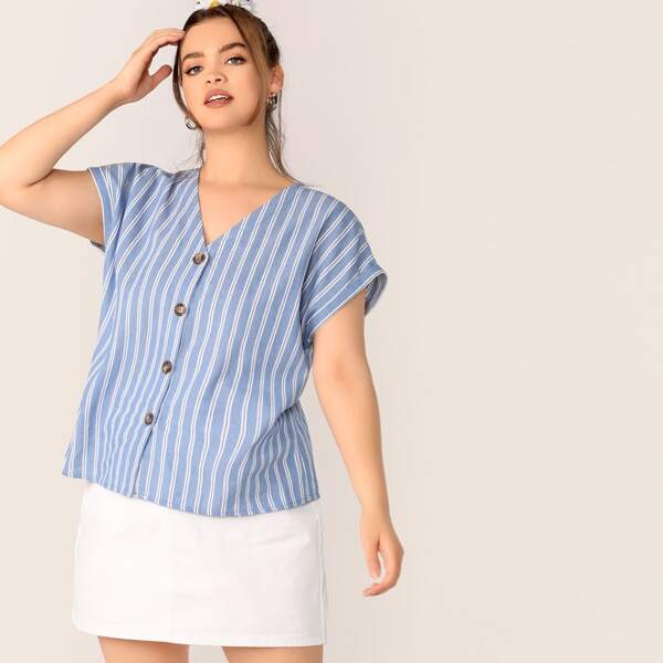 

Plus Striped V-neck Button Fly Cuffed Sleeve Top