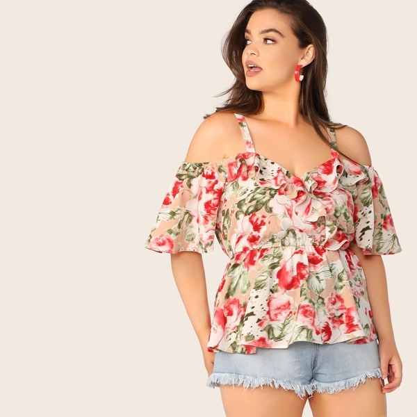 

Plus Ruffle Trim Cold Sleeve Peplum Top
