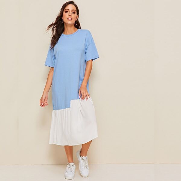 

Drop Shoulder Two Tone Dress, Blue