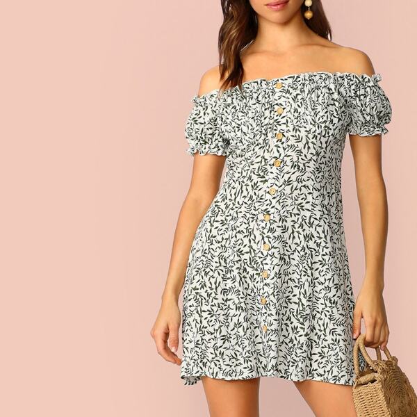 

Allover Leaf Off Shoulder Shirt Dress, Multicolor