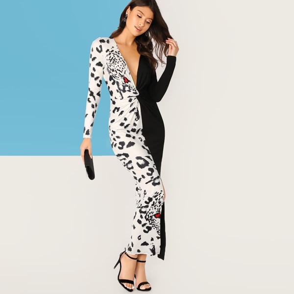 

Plunging Neck Twist Front Two Tone Leopard Dress, Black and white