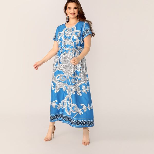 

Plus Damask Print Belted Dress