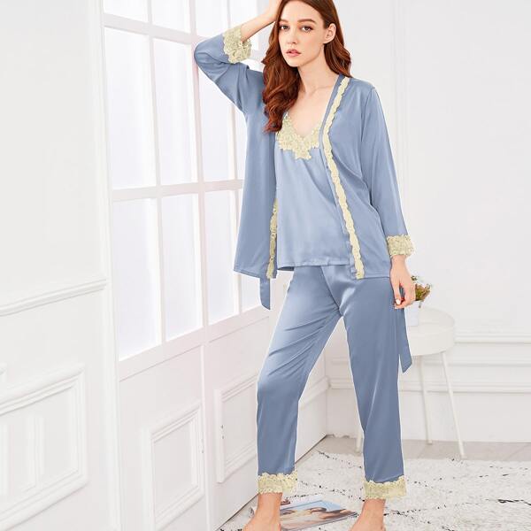 

Lace Crochet Cami Pajama Set With Robe, Blue