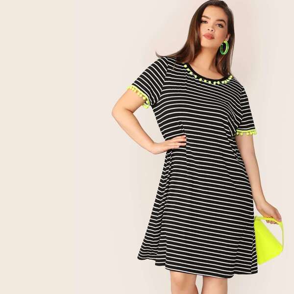 

Plus Pom Pom Trim Striped Tee Dress
