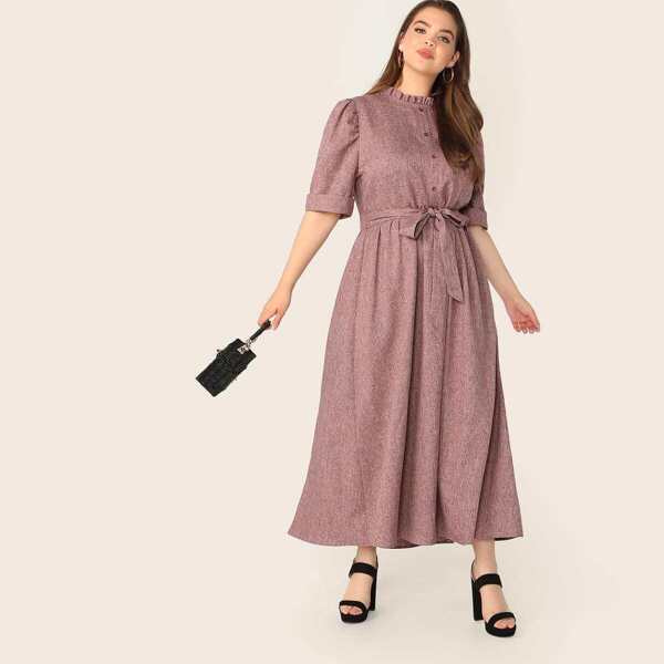 

Plus Frill Neck Cuffed Sleeve Belted Flare Dress, Pink