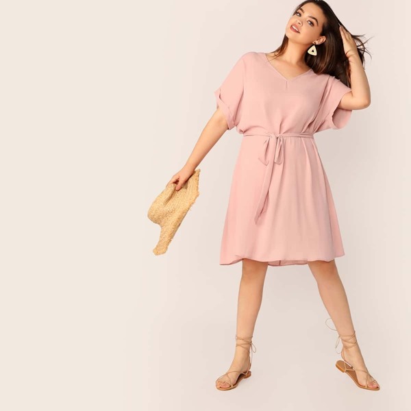 

Plus V-neck Cuffed Sleeve Belted Dress