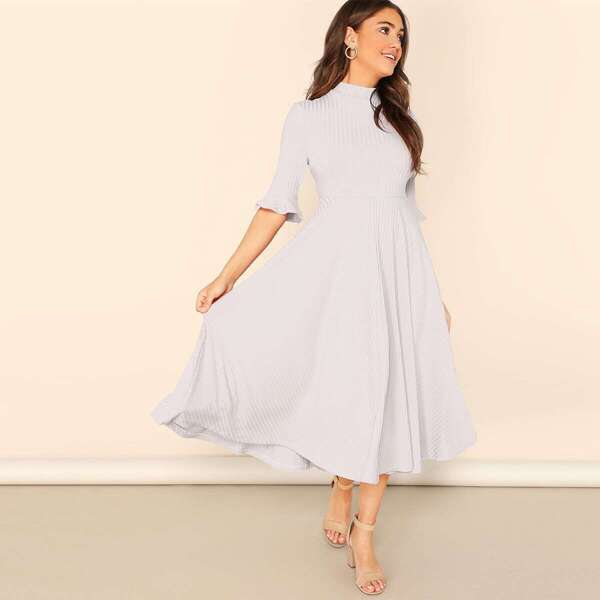 

Mock Neck Bell Sleeve Ribbed Fit & Flare Dress, White